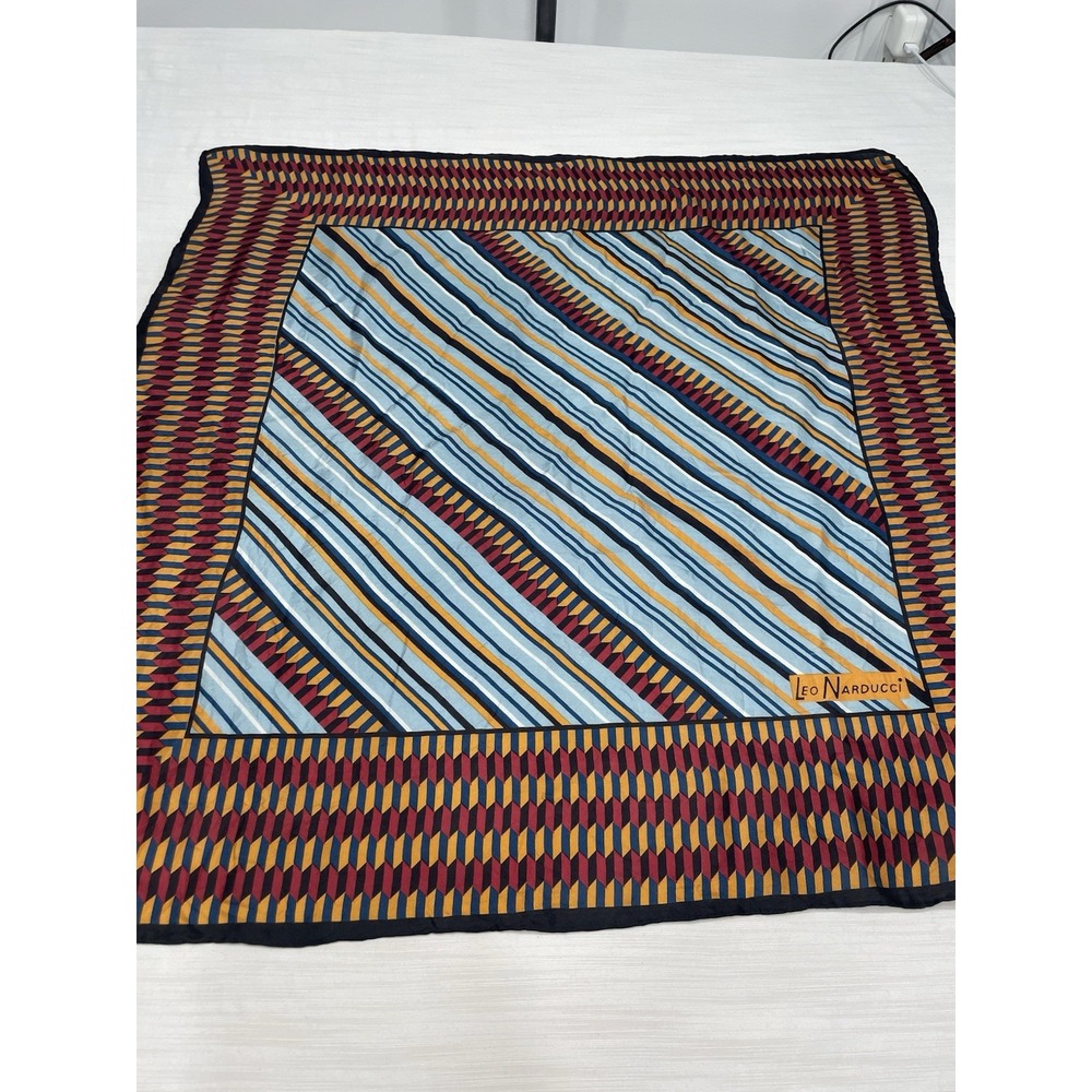 Vintage Leo Narducci Silk Scarf Blue Gold Geometric Square Accessory Street